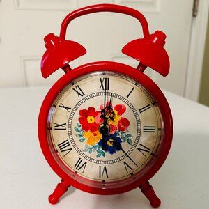 The Pioneer Woman Red Twin Bell Table Clock With Floral Dial & Roman Numerals
